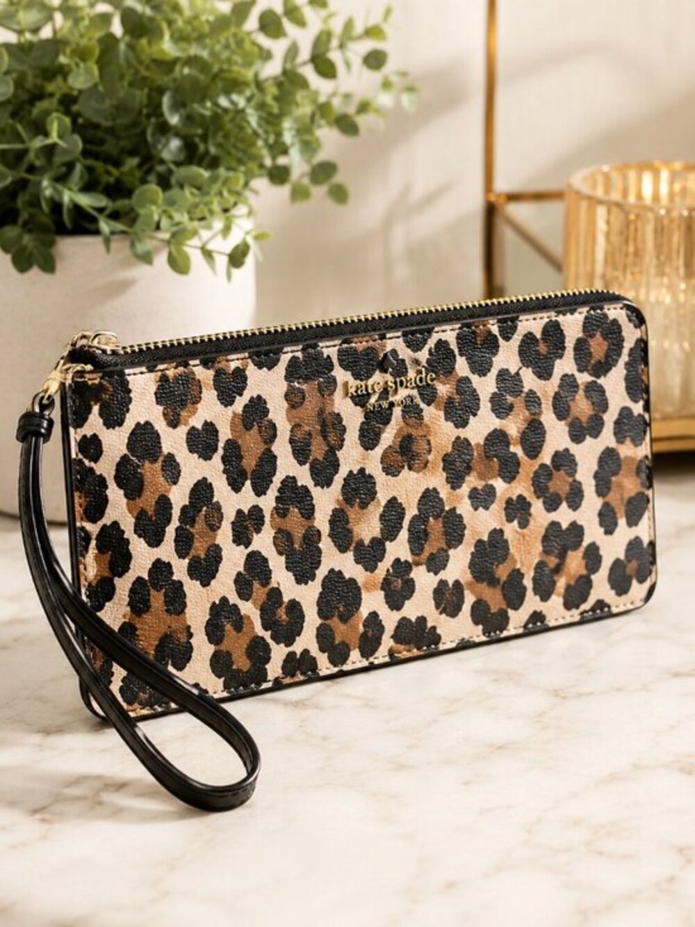 Kate Spade Lucy Medium L-Zip Wristlet Leopard Saffiano Leather NWT